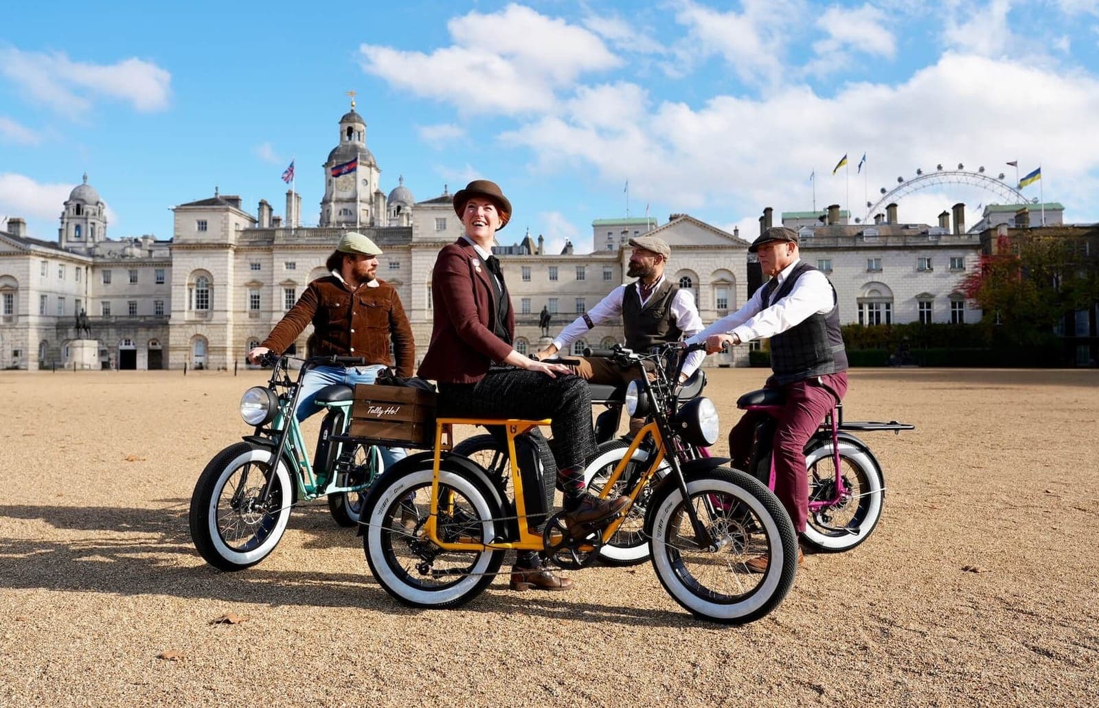 Tally Ho guests on bikes at Horse Guards Parade in central London